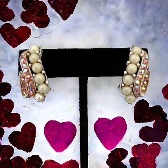 LEDO AB Pink Crystal Earrings Beaded White Washed Metal Vintage Clip On Sparkly. - Picture 7 of 16